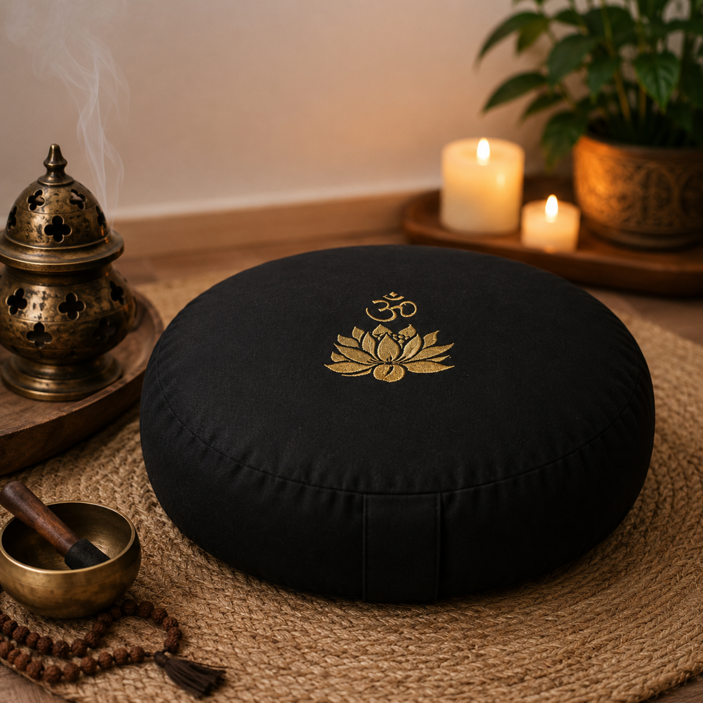Meditationskissen „Lotus Om“ (schwarz) – ruhiger Sitz für bewusste Pausen und innere Sammlung